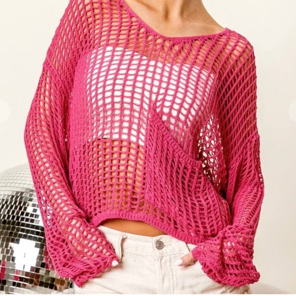 NWOT Bibi Hot Pink Mesh Knit Sweater w front pocket and flowy sleeves - Picture 1 of 6